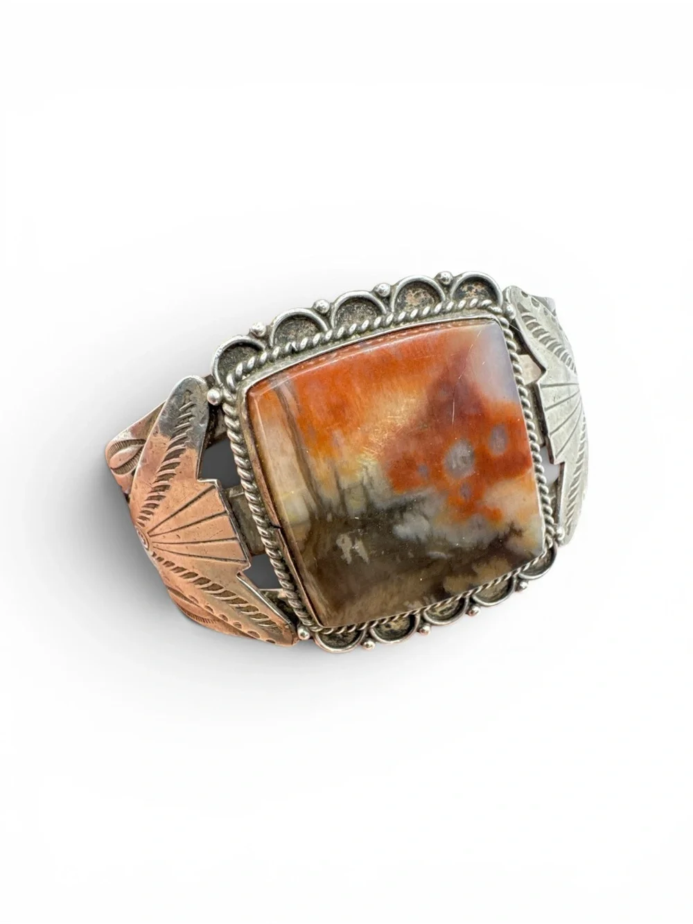 Vintage 1940s Navajo Fred Harvey Era Heavy Sterling Silver Petrified Wood Cuff - Picture 2 of 10